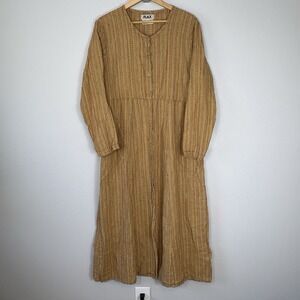 Flax Linen Button Front Maxi Lagenlook Shirt Dress Sz S Striped Tan Pockets